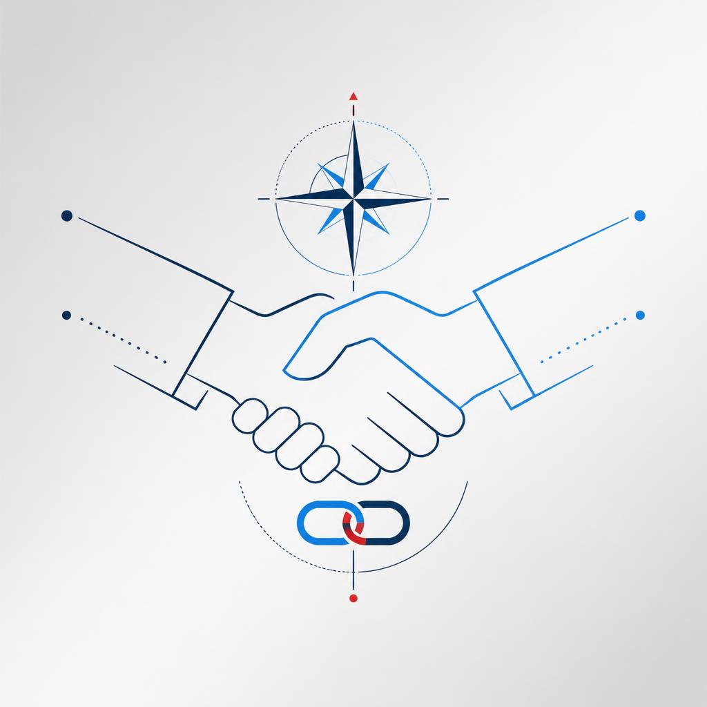 Line-art illustration of a handshake beneath a compass star, symbolising trusted partnerships