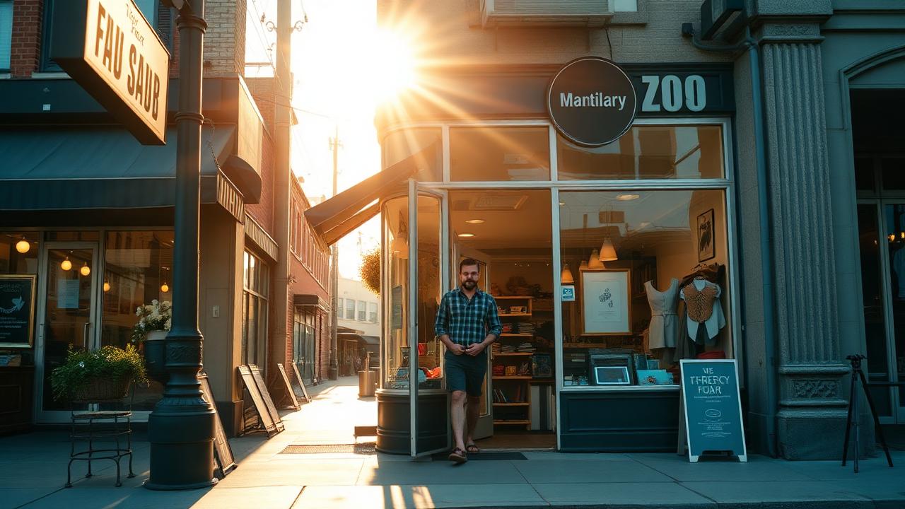 Small business owner opening a storefront on an American main street