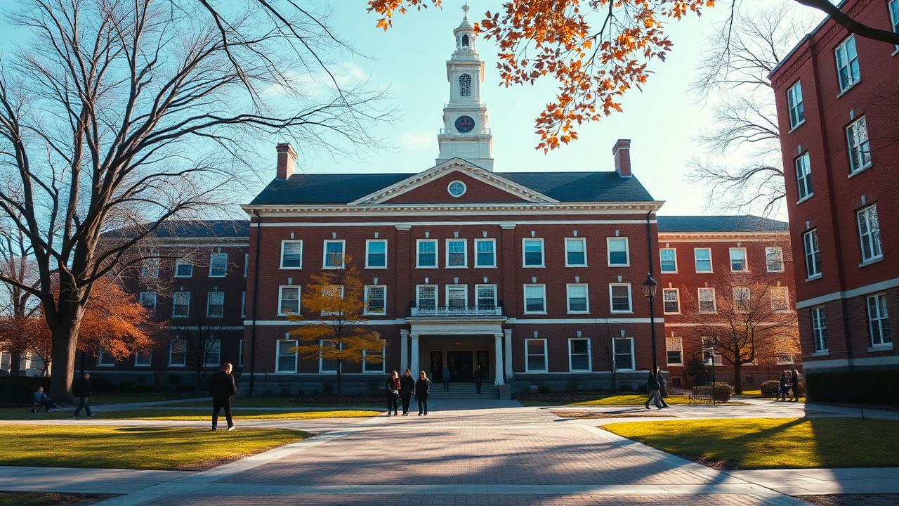 Historic brick university building on an American campus quad