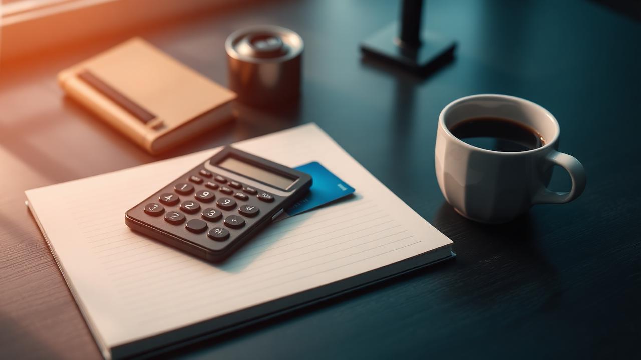 Notebook, calculator and credit card on a desk in soft daylight