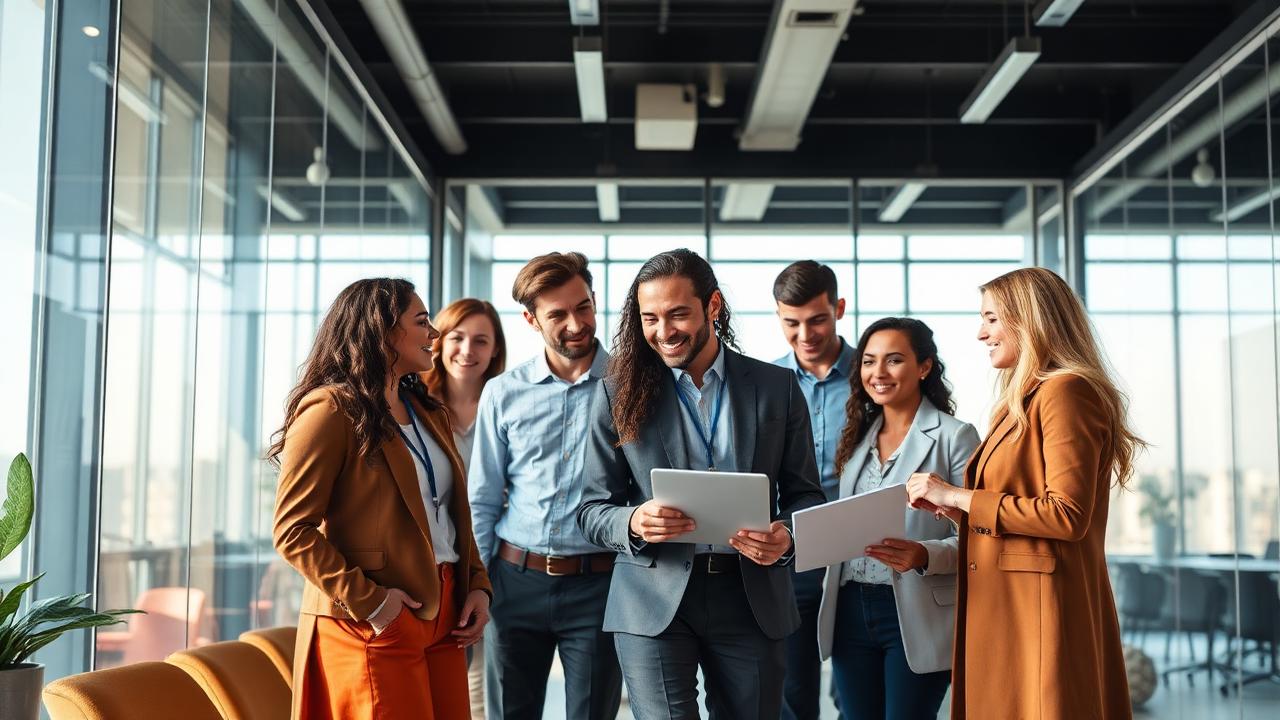 Diverse professionals collaborating in a bright modern American office