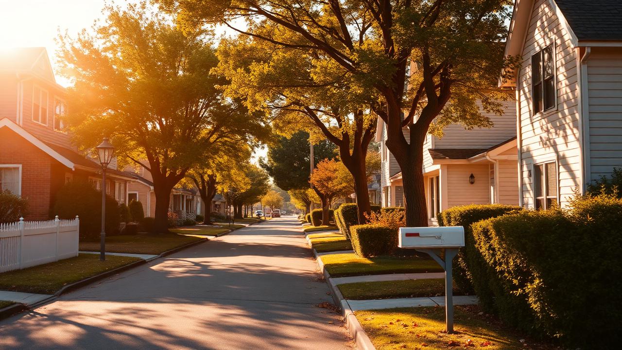 Sunlit American suburban street lined with trees and mailboxes