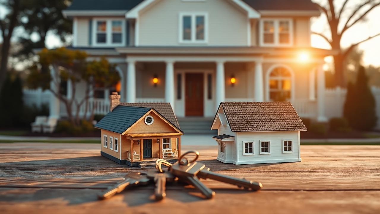 House keys and small house models in front of an American home