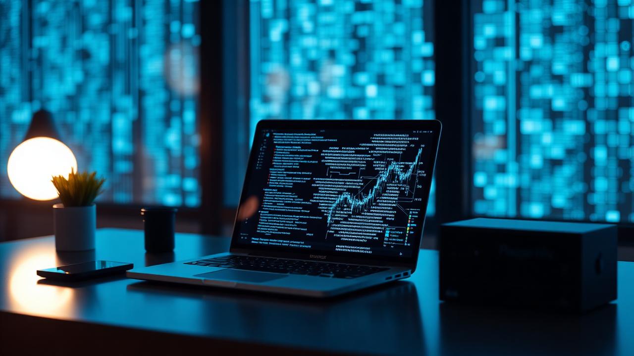 Modern workspace with a laptop and abstract blue data reflections