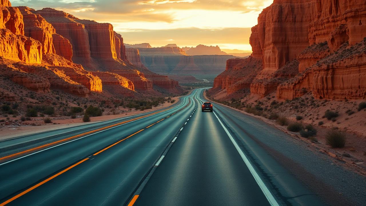 American highway winding through a desert canyon at golden hour