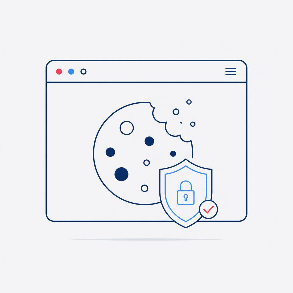 Line-art illustration of a browser window containing a cookie and a privacy shield