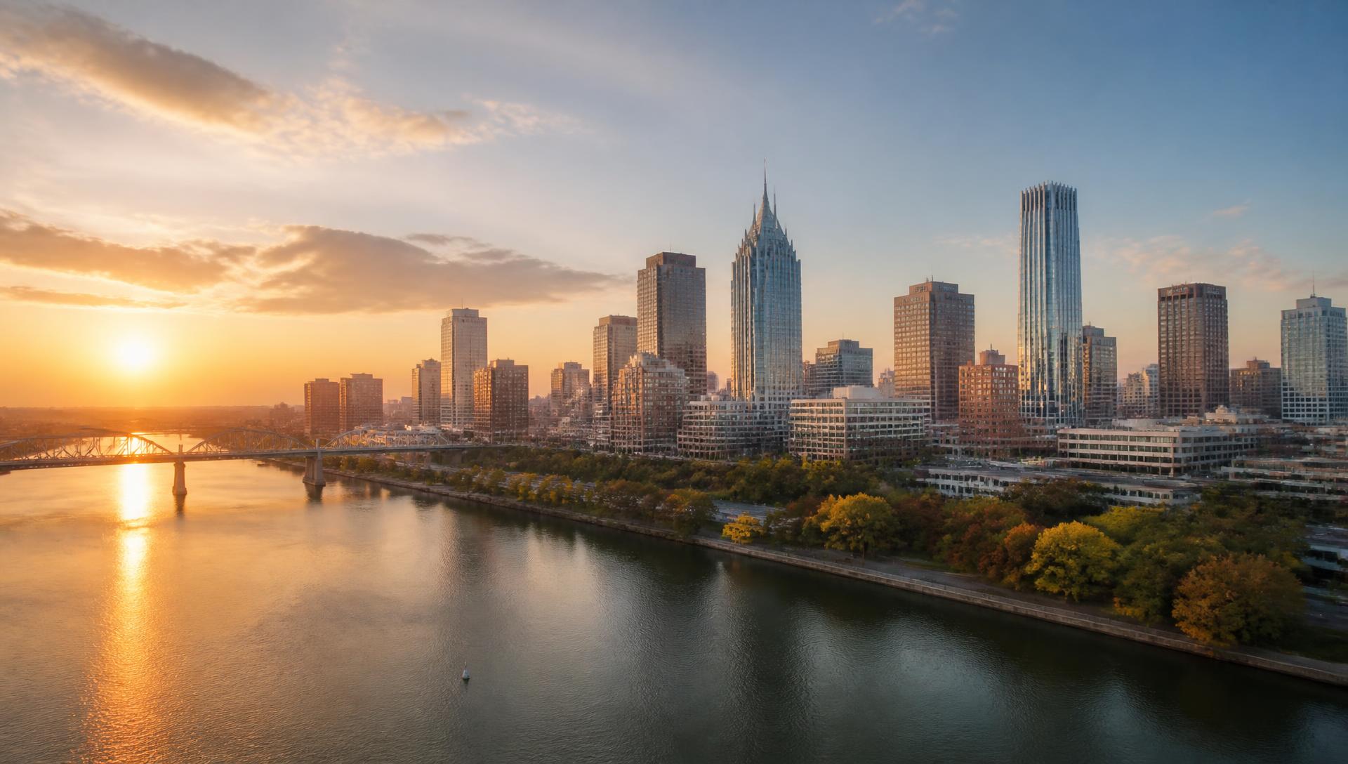 Panoramic American city skyline at sunrise