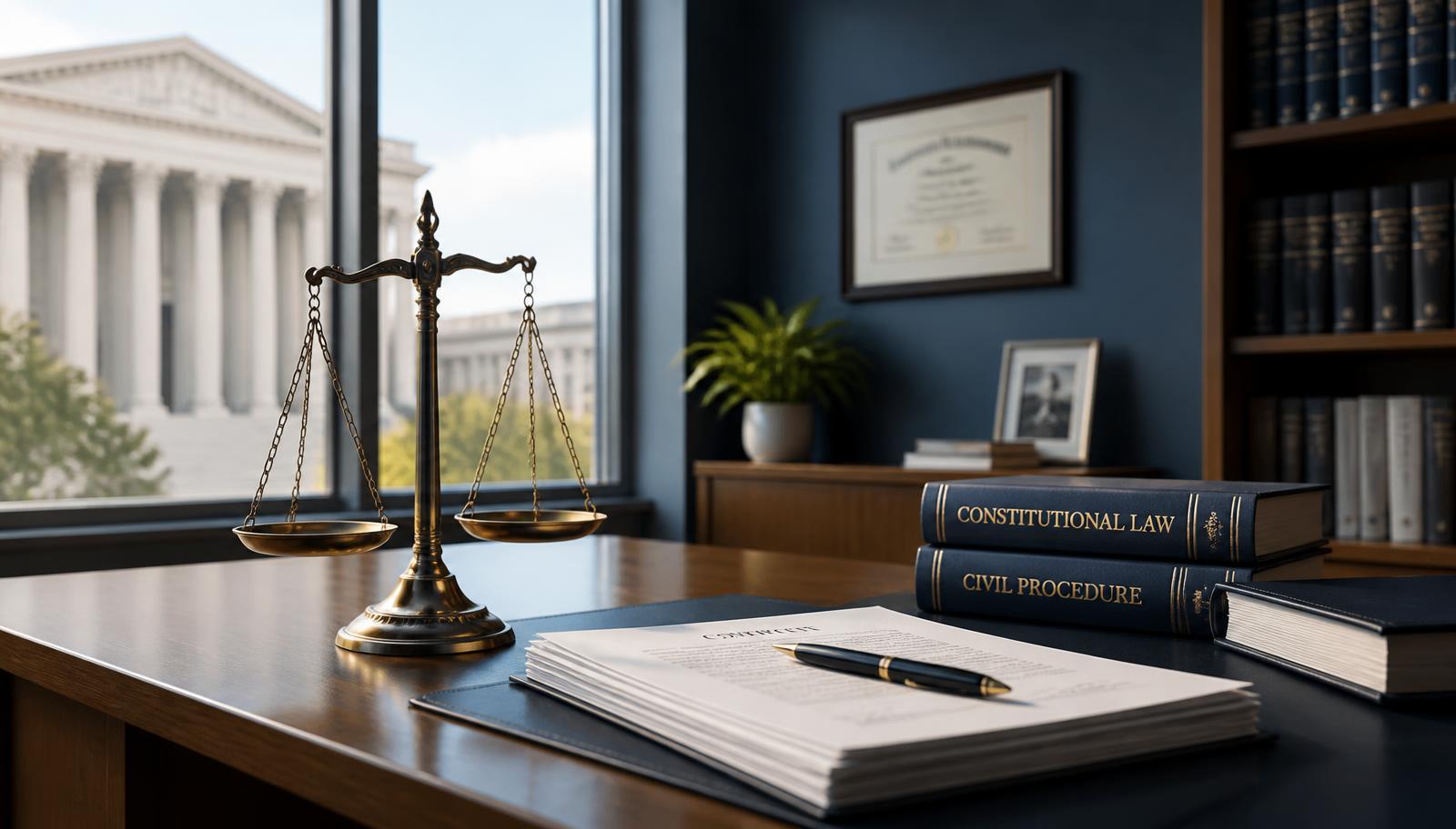 Balanced brass scales and legal documents on a desk with a courthouse visible through the window