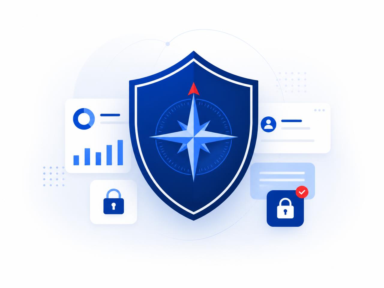Illustration of a shield with a compass motif protecting personal data cards and locks