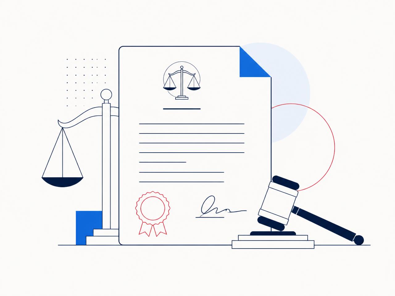 Illustration of a legal agreement document with scales of justice and a gavel